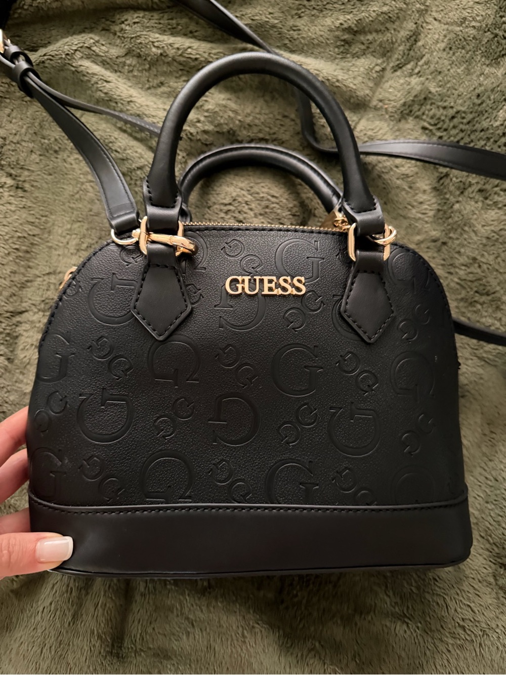 GUESS Black Embossed Logo Satchel bag , with Gold Hardware, new without tag !
